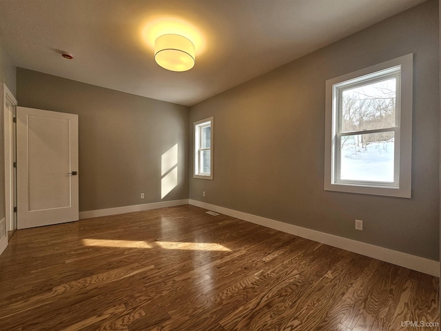 spare room with a wealth of natural light, dark wood-style floors, and baseboards