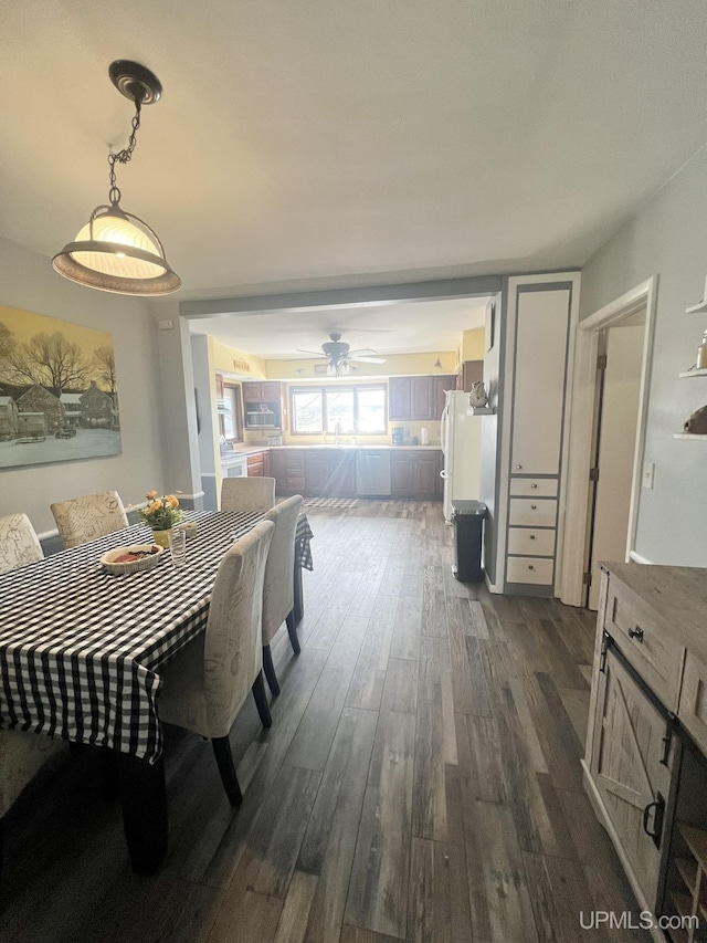 dining space with dark wood-type flooring and a ceiling fan