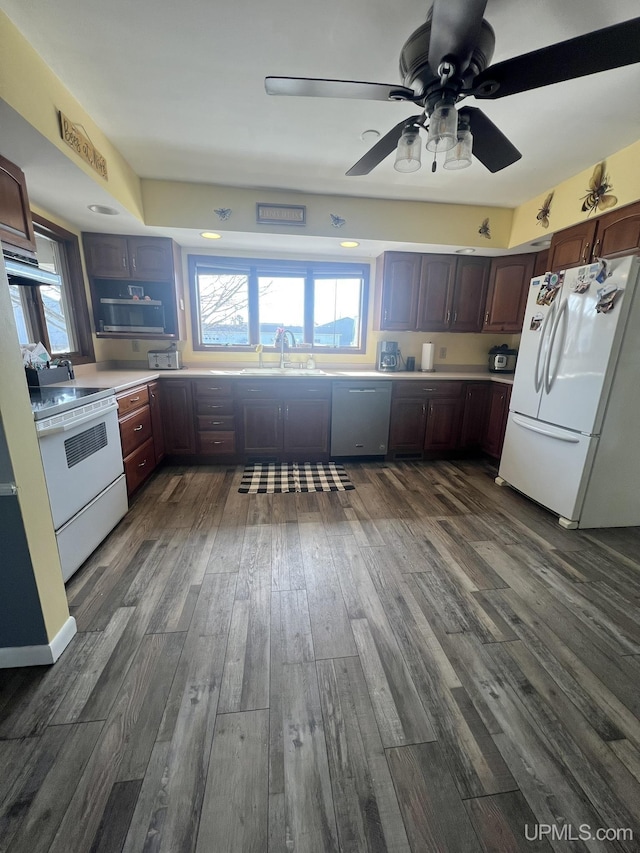 kitchen featuring a sink, dark wood-style floors, freestanding refrigerator, dishwashing machine, and range