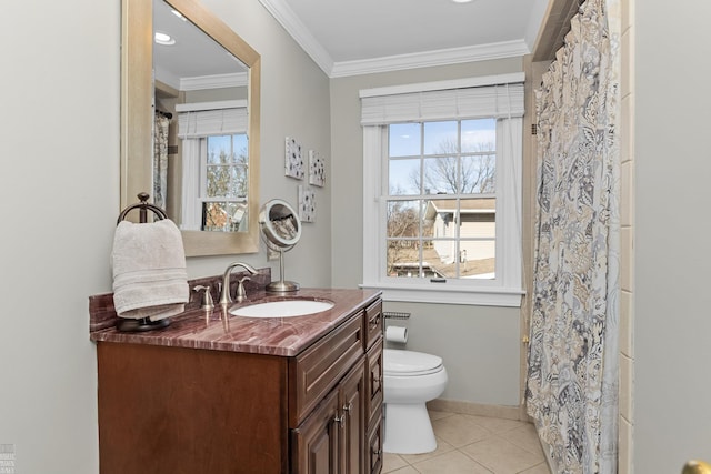 full bath with tile patterned floors, toilet, ornamental molding, baseboards, and vanity