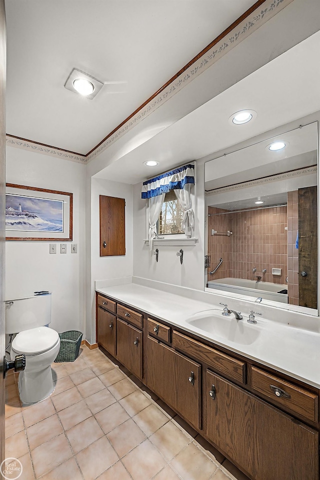 full bathroom featuring tile patterned floors, toilet, recessed lighting, and vanity