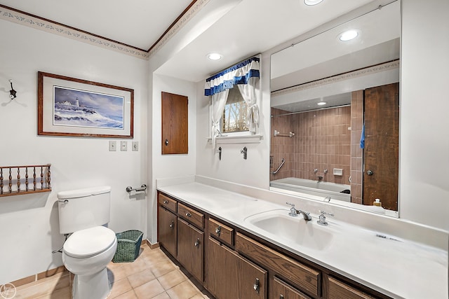 bathroom featuring vanity, baseboards, recessed lighting, tile patterned flooring, and toilet