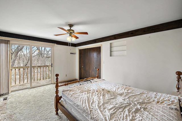 bedroom featuring baseboards, carpet, ceiling fan, and access to outside