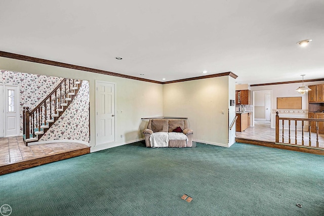 unfurnished room featuring stairs, carpet flooring, baseboards, and ornamental molding