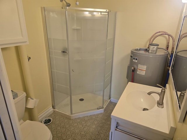 full bathroom featuring electric water heater, a stall shower, vanity, and toilet