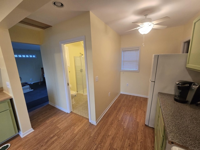 kitchen featuring green cabinetry, light wood-style flooring, ceiling fan, and freestanding refrigerator