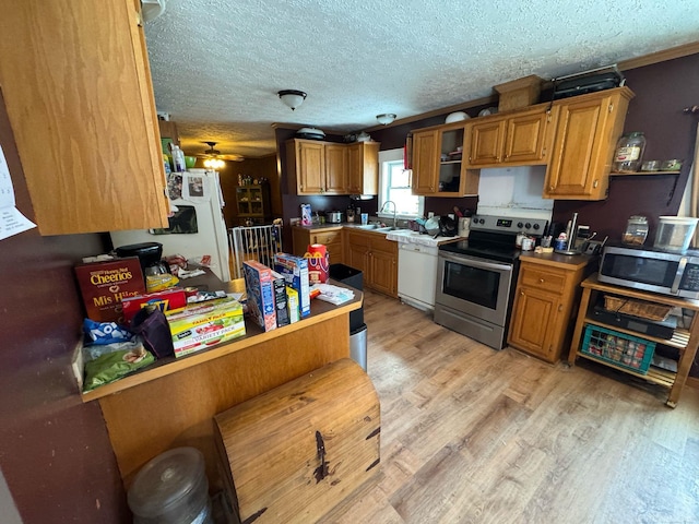 kitchen featuring open shelves, a sink, appliances with stainless steel finishes, a textured ceiling, and light wood-type flooring