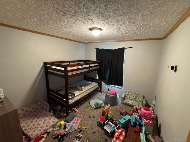 carpeted bedroom featuring crown molding and a textured ceiling