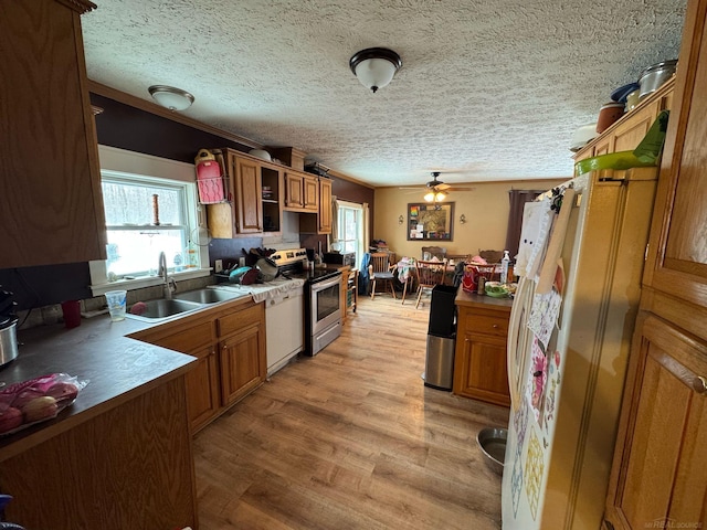 kitchen featuring light wood finished floors, plenty of natural light, stainless steel range with electric stovetop, and a sink