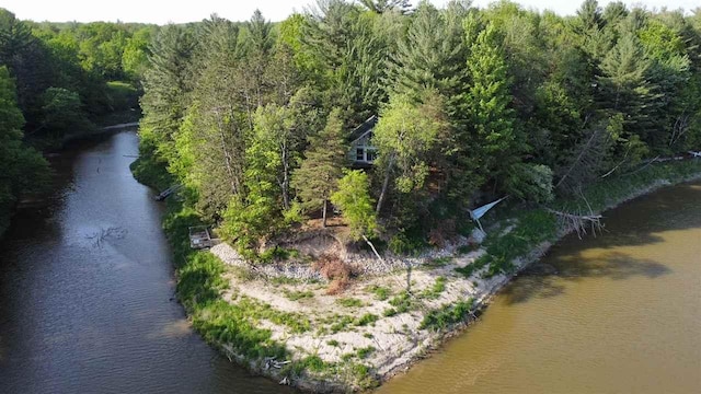 drone / aerial view with a water view and a wooded view