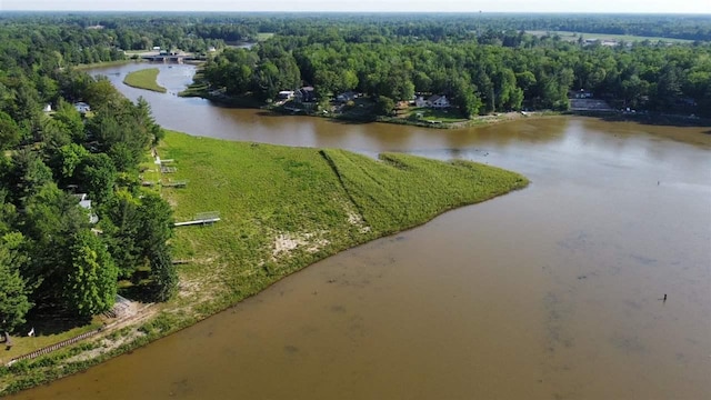 drone / aerial view with a forest view and a water view