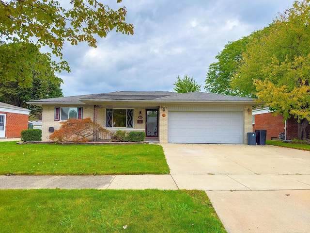 single story home featuring brick siding, a front lawn, an attached garage, and driveway