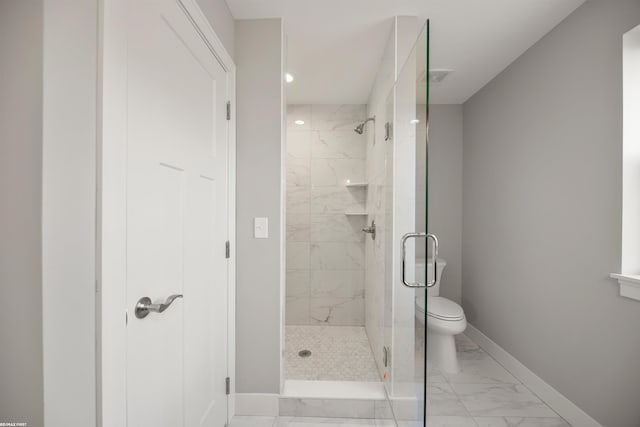 bathroom with toilet, marble finish floor, a stall shower, recessed lighting, and baseboards