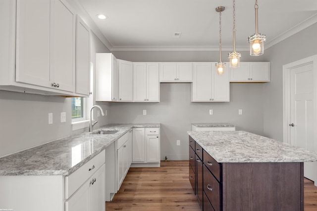 kitchen with white cabinets, wood finished floors, light stone countertops, and a sink