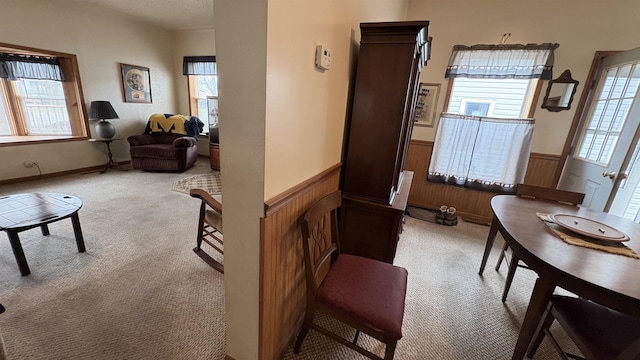 living room featuring wooden walls, wainscoting, and light colored carpet