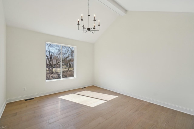 7474 Connies Dr, Shelby Twp, MI 48316 - unfurnished dining area featuring baseboards, visible vents, light wood finished floors, vaulted ceiling with beams, and a notable chandelier