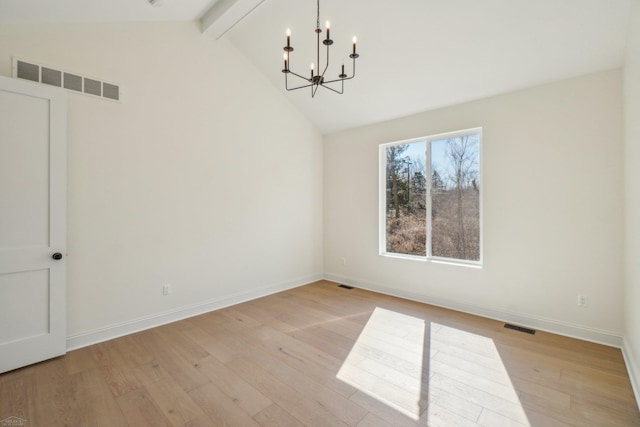 7474 Connies Dr, Shelby Twp, MI 48316 - unfurnished dining area featuring light wood-style flooring, a notable chandelier, visible vents, and vaulted ceiling with beams