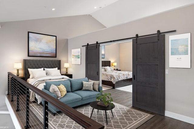 65 Sea Ray Blvd Unit 7, Harrison Twp, MI 48045 - bedroom with baseboards, dark wood finished floors, a barn door, vaulted ceiling, and recessed lighting