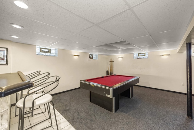 rec room with baseboards, pool table, a paneled ceiling, and a wealth of natural light