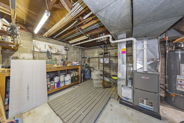 unfinished below grade area with water heater and heating unit