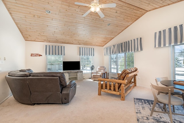 102 Phoxy Ln, Indian River, MI 49749 - carpeted living area featuring baseboards, high vaulted ceiling, wooden ceiling, and a ceiling fan