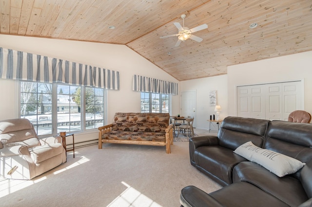 102 Phoxy Ln, Indian River, MI 49749 - carpeted living room featuring high vaulted ceiling, a ceiling fan, and wood ceiling