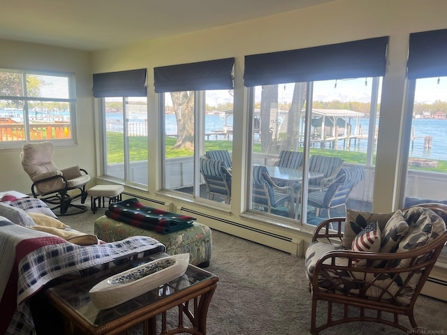 sunroom with carpet and baseboard heating