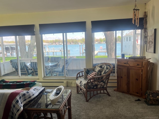 sunroom with healthy amount of natural light, carpet, and a water view