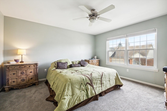 bedroom featuring a ceiling fan, carpet floors, and baseboards