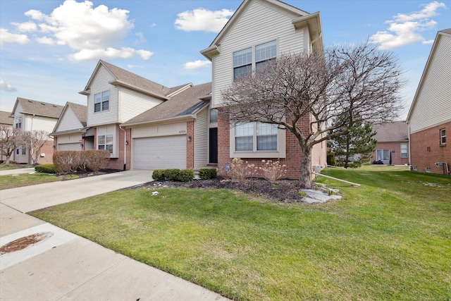 traditional-style house featuring driveway, an attached garage, brick siding, a front lawn, and a residential view
