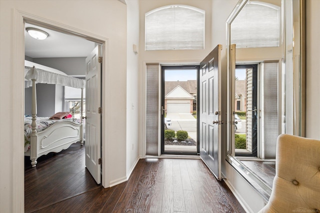 foyer with baseboards, plenty of natural light, and dark wood finished floors