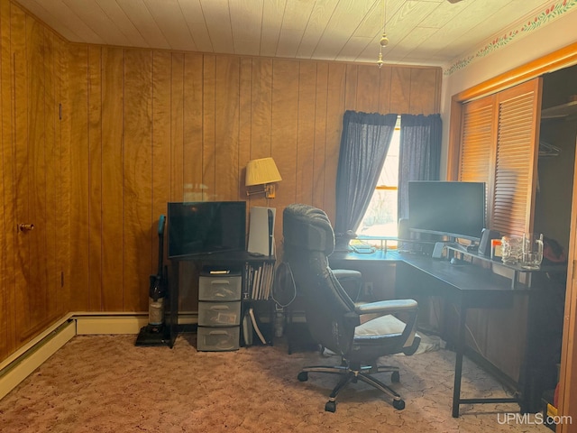 carpeted office with wooden walls and wooden ceiling