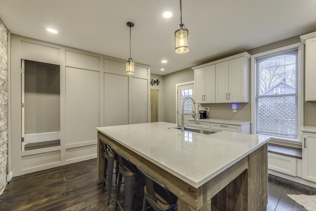 kitchen featuring a kitchen island with sink, white cabinets, a sink, and dark wood-type flooring