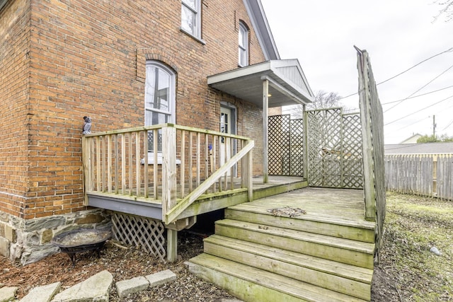wooden terrace featuring fence