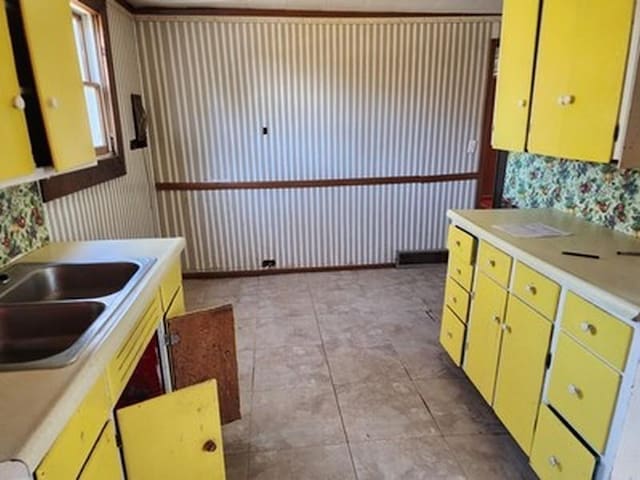 2488 Montana Ave, Saginaw, MI 48601 - kitchen with yellow cabinets, wallpapered walls, light countertops, and a sink