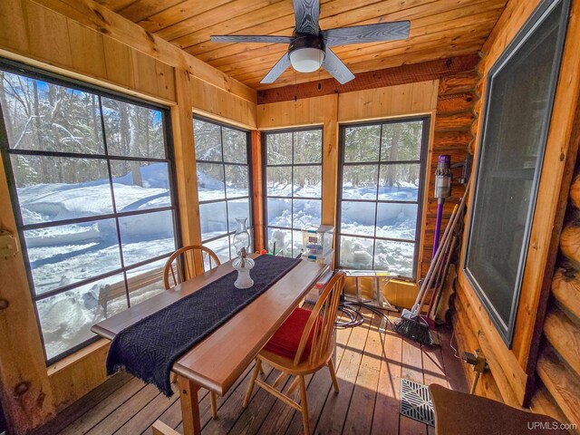 sunroom / solarium featuring wood ceiling, log walls, wood walls, and wood-type flooring