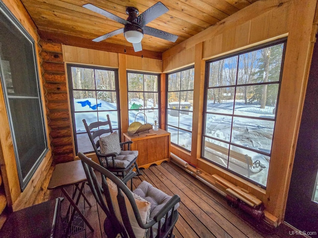sunroom / solarium with log walls, plenty of natural light, hardwood / wood-style flooring, and wooden ceiling