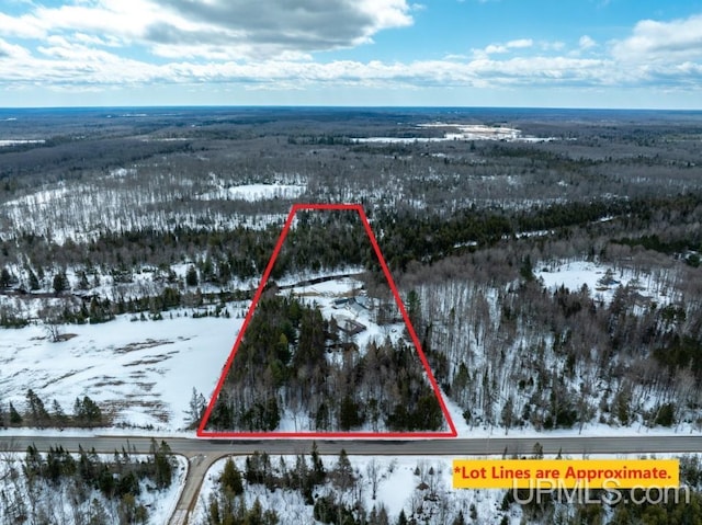 E3117 H44 Hwy, Trenary, MI 49891 - snowy aerial view featuring property parcel outlined and a forest view