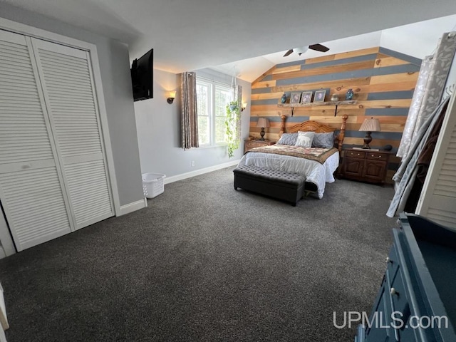 E3117 H44 Hwy, Trenary, MI 49891 - bedroom with carpet flooring, lofted ceiling, baseboards, and wooden walls