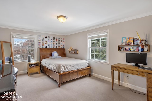 bedroom featuring ornamental molding, multiple windows, and light carpet