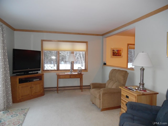 49436 S Superior Rd, Houghton, MI 49931 - living room with baseboards, light carpet, ornamental molding, and baseboard heating