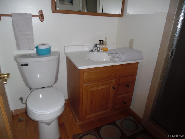 49436 S Superior Rd, Houghton, MI 49931 - full bathroom featuring toilet, wood finished floors, vanity, and a stall shower