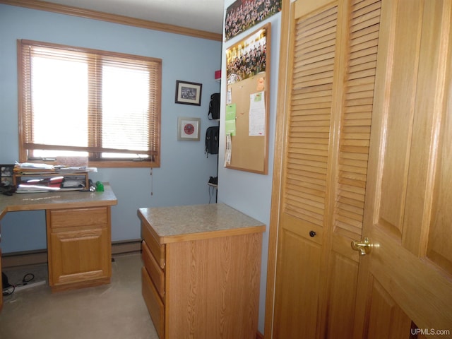 49436 S Superior Rd, Houghton, MI 49931 - office area featuring ornamental molding, light carpet, and a baseboard radiator
