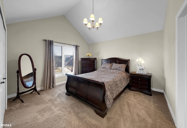 55763 Omni Dr, Shelby, MI 48315 - bedroom featuring baseboards, an inviting chandelier, light carpet, and lofted ceiling
