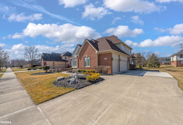 55763 Omni Dr, Shelby, MI 48315 - view of side of home with a yard, a garage, concrete driveway, brick siding, and a residential view