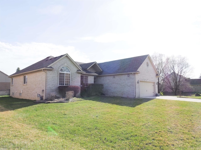ranch-style home featuring an attached garage, driveway, a front lawn, and brick siding