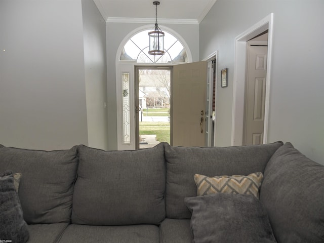 living room with crown molding
