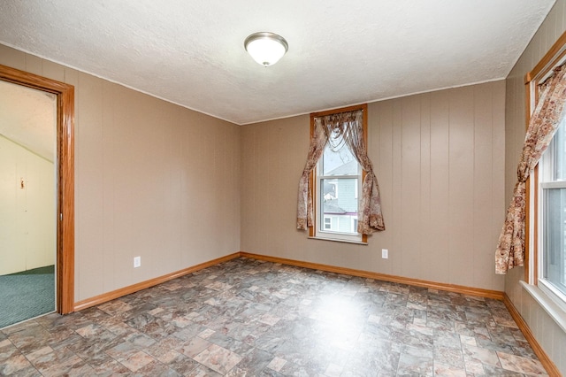 empty room with a textured ceiling, stone finish flooring, and wood walls