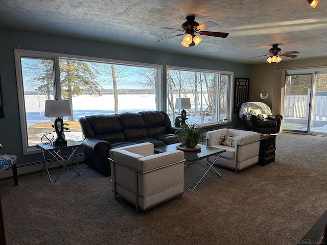 living area featuring plenty of natural light, carpet flooring, and a ceiling fan