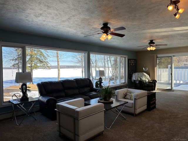 living room with carpet, a textured ceiling, and ceiling fan